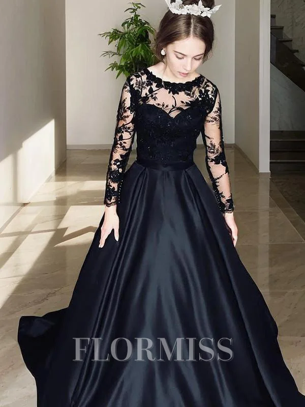 A-Line/Princess Bateau Sweep Train Satin Evening Dresses With Pockets