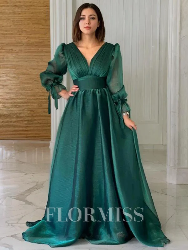 A-Line/Princess V-neck Sweep Train Organza Evening Dresses With Ruffles