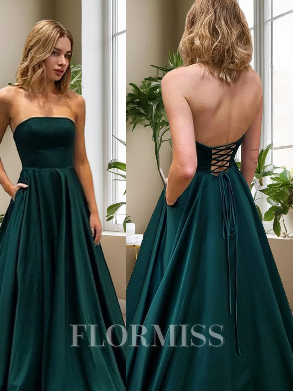 A-Line/Princess Strapless Sweep Train Satin Evening Dresses With Pockets