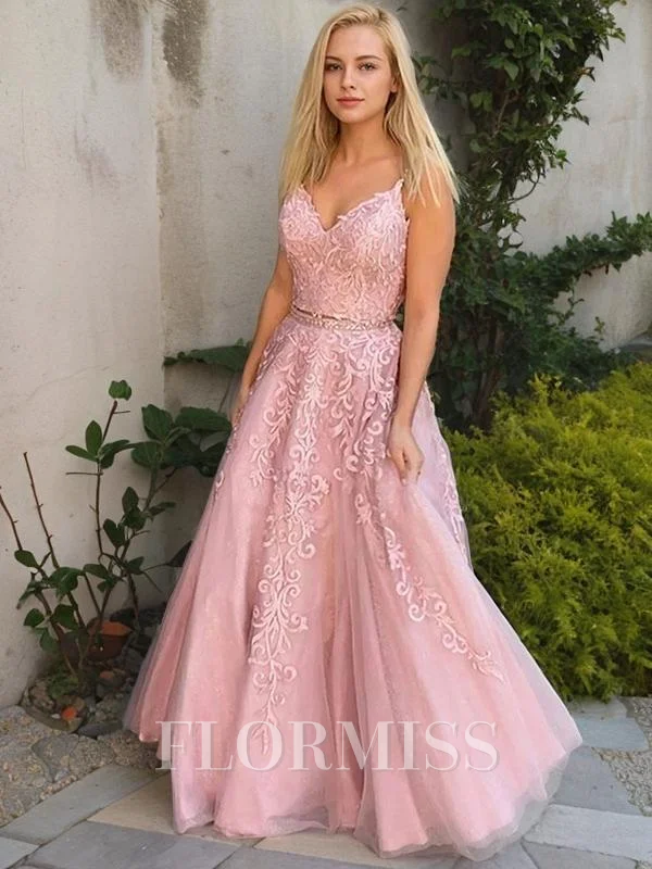 A-Line/Princess V-neck Floor-Length Tulle Evening Dresses With Appliques Lace