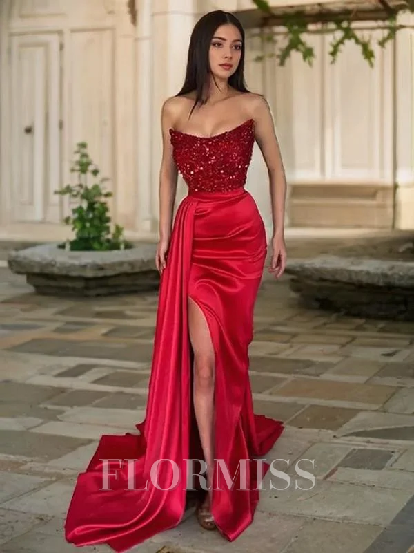 Sheath/Column Strapless Sweep Train Silk Like Satin Evening Dresses With Leg Slit