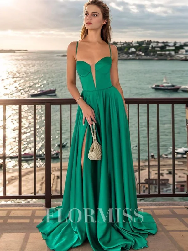 A-line Spaghetti Straps Sweep Train Silk Like Satin Corset Dress