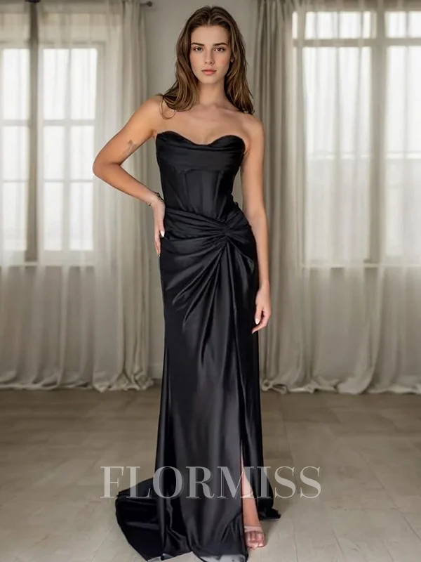 Sheath Sweetheart Pleated Sweep Train Silk Like Satin Corset Dress