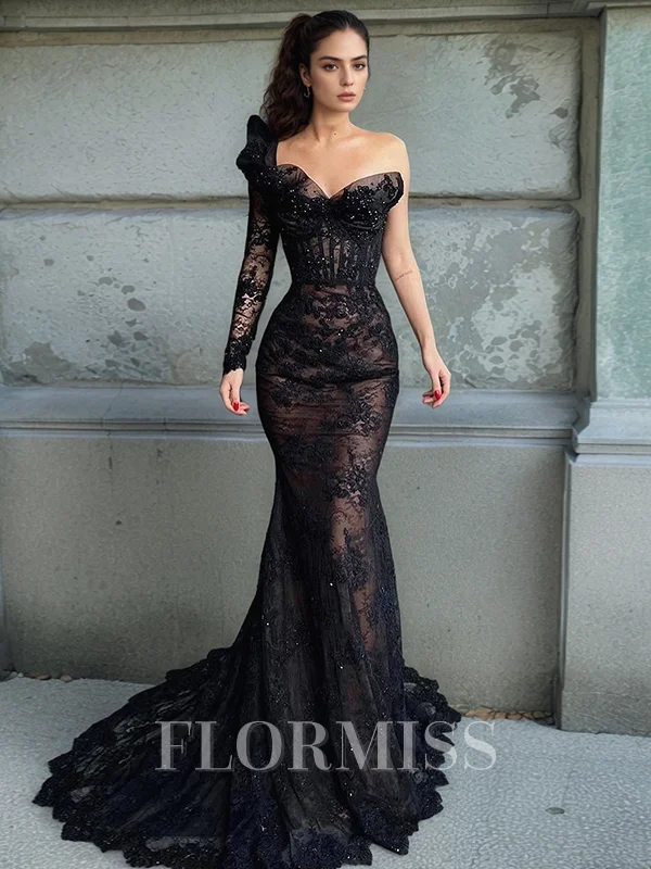 Sheath One-Shoulder Long Sleeves Sweep Train Lace Corset Dress