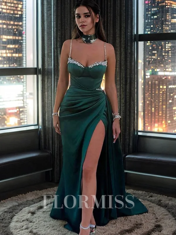 Sheath Spaghetti Straps Pleated Sweep Train Silk Like Satin Dress