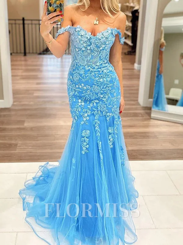 Mermaid Off-the-Shoulder Appliques Lace Sweep Train Tulle Dress