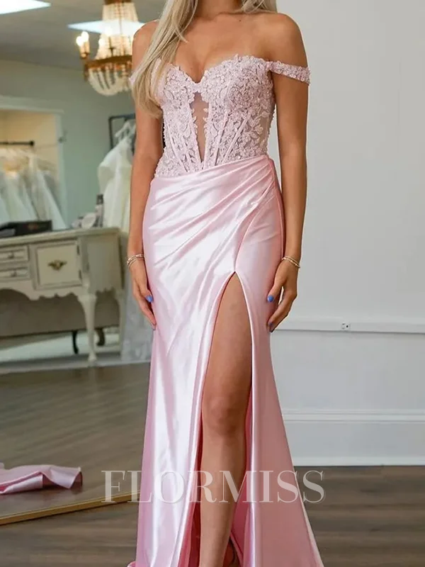 Sheath Off-the-Shoulder Appliques Lace Court Train Silk Like Satin Corset Dress