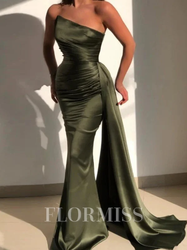 Mermaid Square Pleated Sweep Train Silk Like Satin Dress