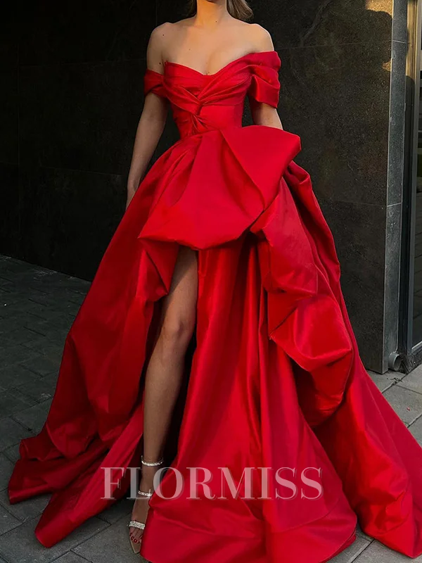 A-line Off-the-Shoulder Pleated Sweep Train Satin Dress
