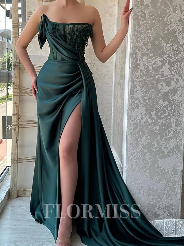 Sheath Straight Pleated Sweep Train Silk Like Satin Corset Dress