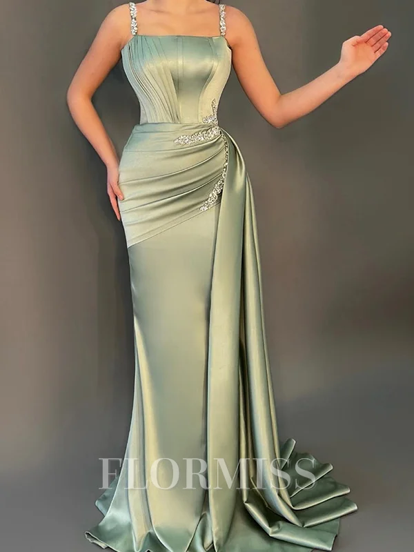 Sheath Straps Pleated Floor-Length Silk Like Satin Dress