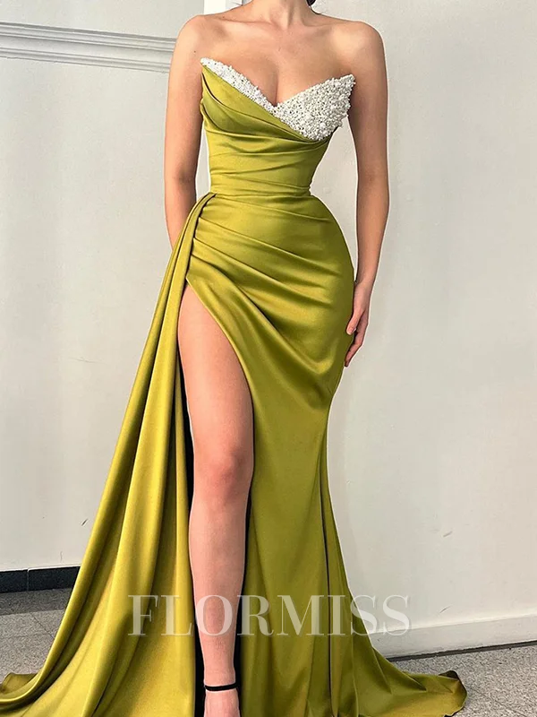 Sheath V-neck Beading Sweep Train Silk Like Satin Dress