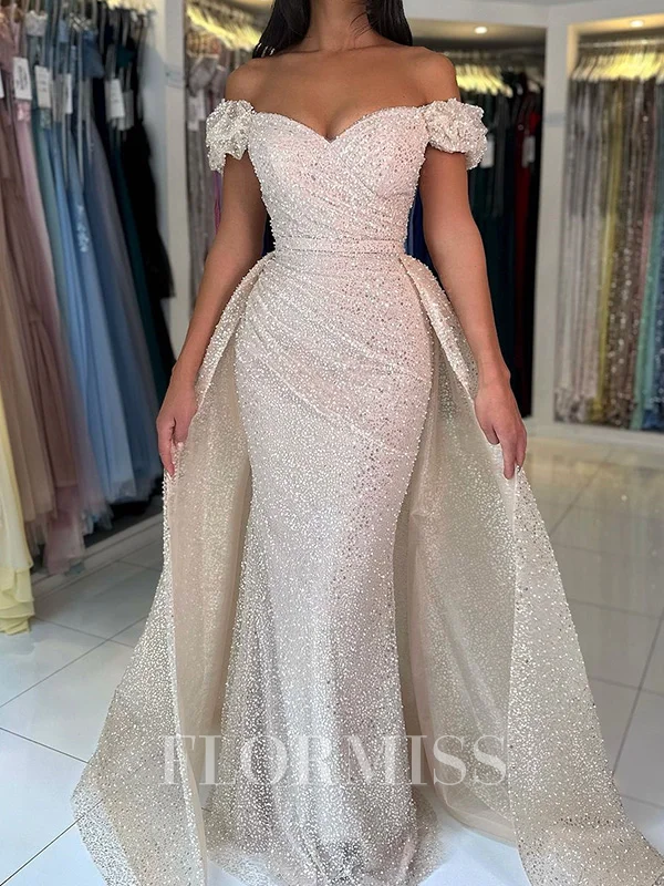 Sheath Off-the-Shoulder Pleated Sweep Train Dress With Detachable Train
