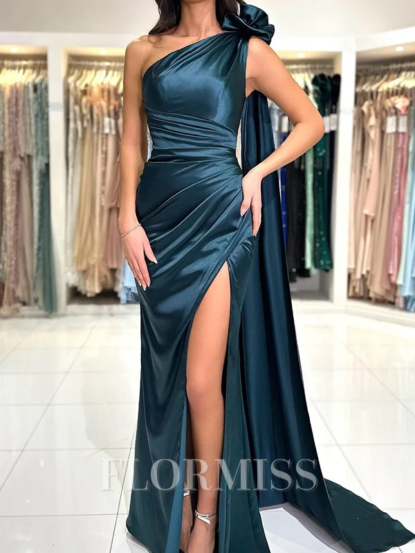Sheath One-Shoulder Pleated Floor-Length Silk Like Satin Dress