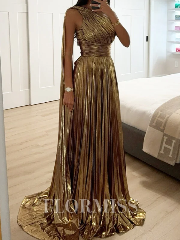 A-line One-Shoulder Pleated Floor-Length Metallic Satin Dress