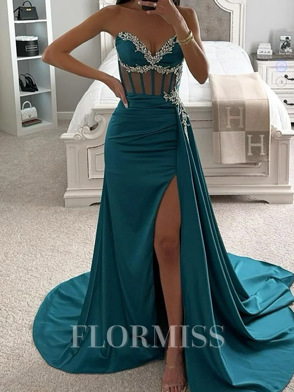 Sheath Sweetheart Rhinestone Sweep Train Silk Like Satin Corset Dress