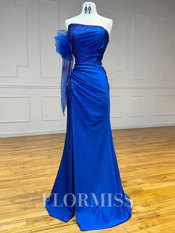 Sheath One-Shoulder Long Sleeves Pleated Sweep Train Jersey Dress