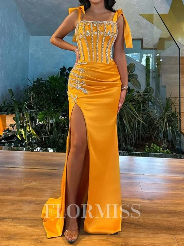 Sheath Straps Rhinestone Sweep Train Satin Corset Dress