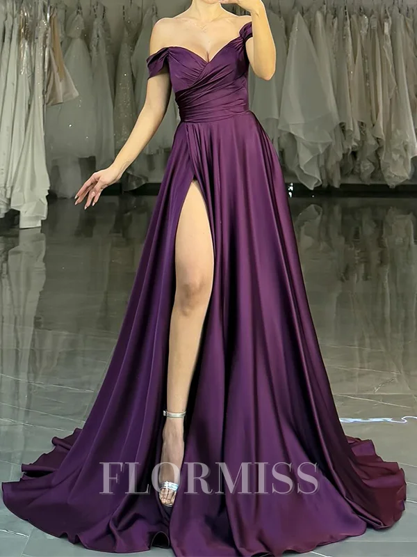 A-line Off-the-Shoulder Pleated Sweep Train Silk Like Satin Dress
