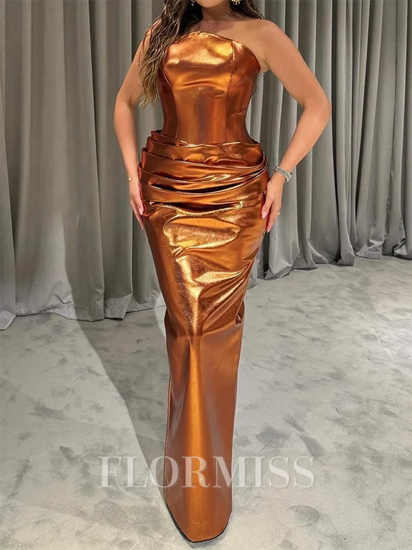 Sheath Straight Pleated Floor-Length Metallic Satin Dress