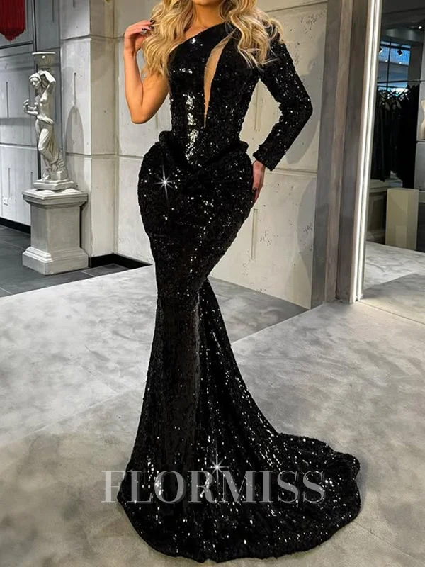Sheath One-Shoulder Long Sleeves Sweep Train Sequins Dress