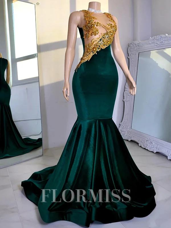 Mermaid Illusion Beading Sweep Train Silk Like Satin Dress