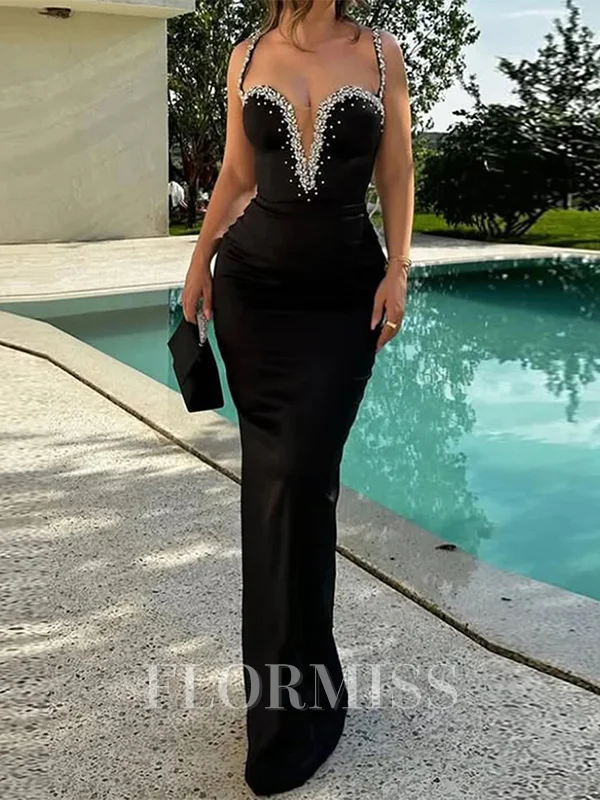 Sheath V-neck Beading Floor-Length Silk like Satin Dress