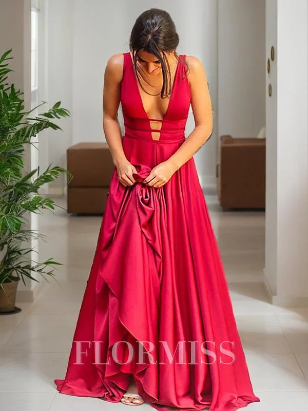 A-Line/Princess V-neck Sweep Train Silk Like Satin Evening Dresses With Ruffles
