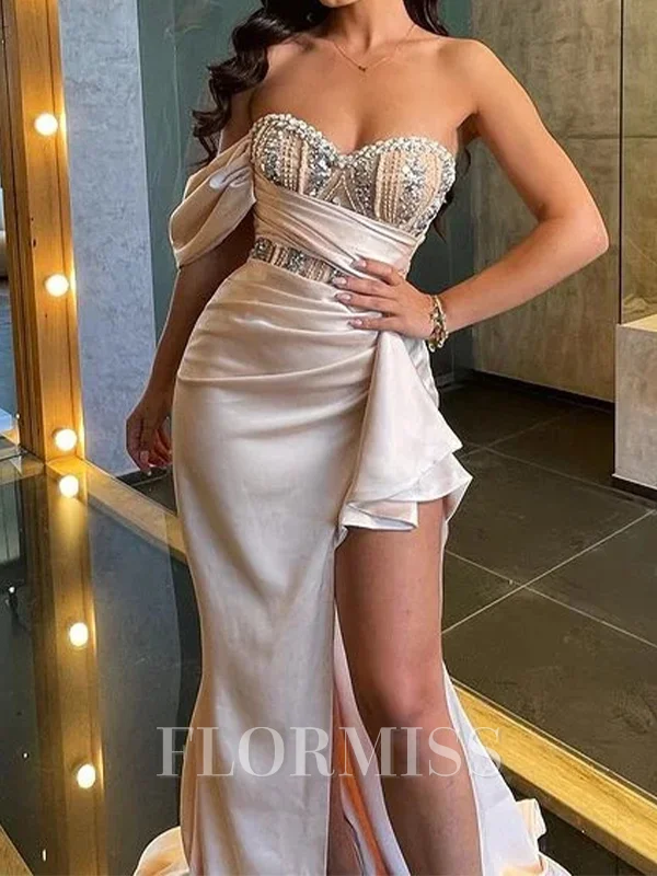 Sheath Sweetheart Beading Sweep Train Silk like Satin Dress