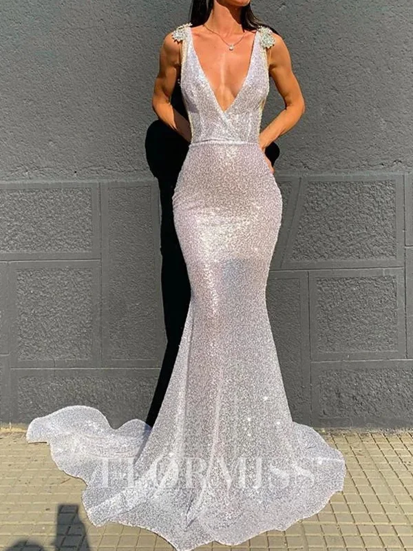 Sheath V-neck Ruffles Chapel Train Dress