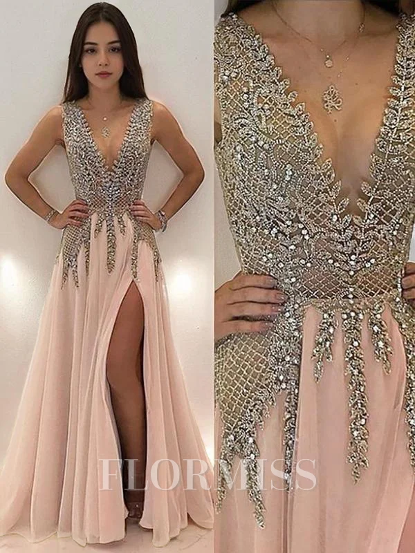 A-Line/Princess V-neck Sweep Train Tulle Evening Dresses With Leg Slit