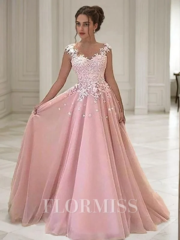 A-Line/Princess Sweetheart Floor-Length Tulle Evening Dresses With Appliques Lace