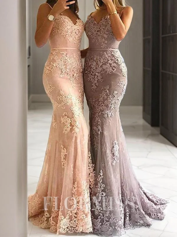 Sheath/Column Spaghetti Straps Sweep Train Tulle Evening Dresses With Appliques Lace