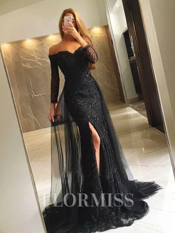 Trumpet/Mermaid Off-the-Shoulder Sweep Train Tulle Evening Dresses With Leg Slit