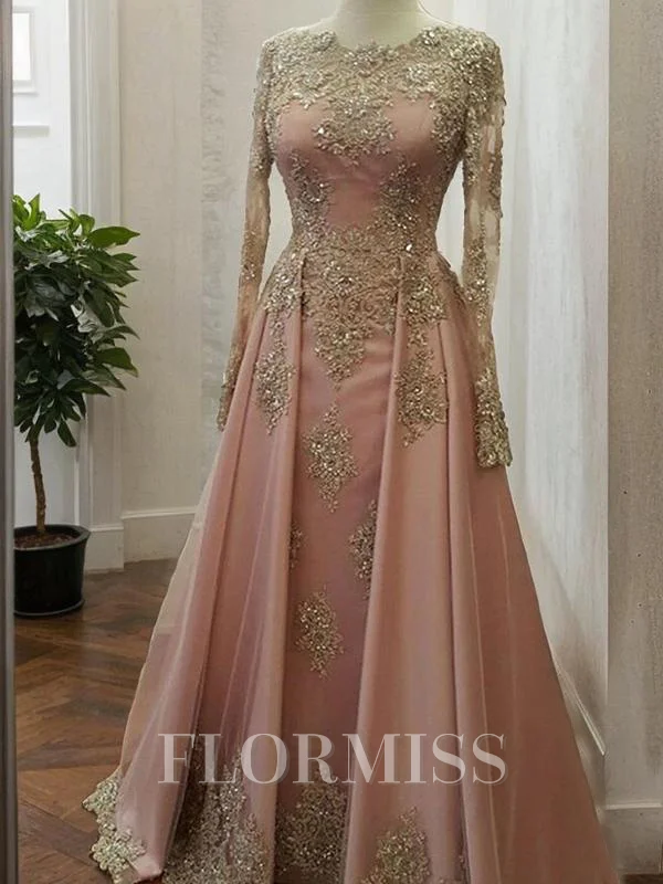 A-Line/Princess Scoop Floor-Length Tulle Evening Dresses With Appliques Lace