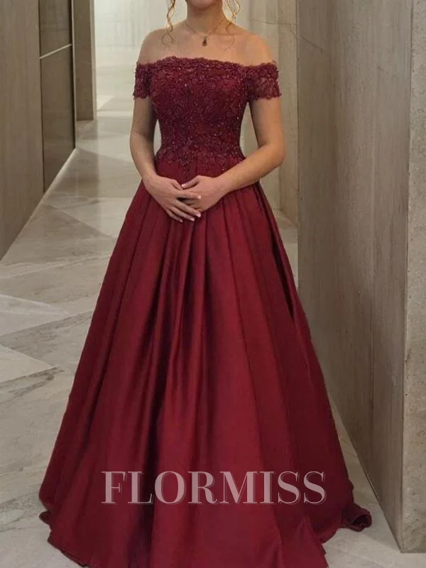 Ball Gown Off-the-Shoulder Floor-Length Satin Evening Dresses With Appliques Lace