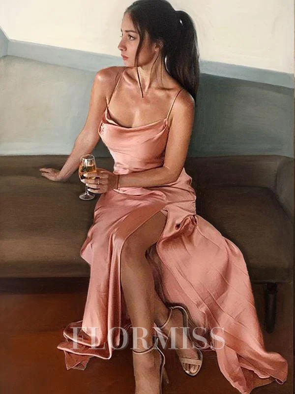 Sheath/Column Spaghetti Straps Floor-Length Silk like Satin Evening Dresses With Leg Slit