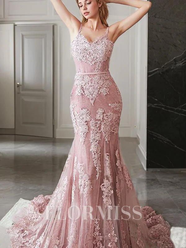 Trumpet/Mermaid Spaghetti Straps Sweep Train Lace Evening Dresses With Appliques Lace