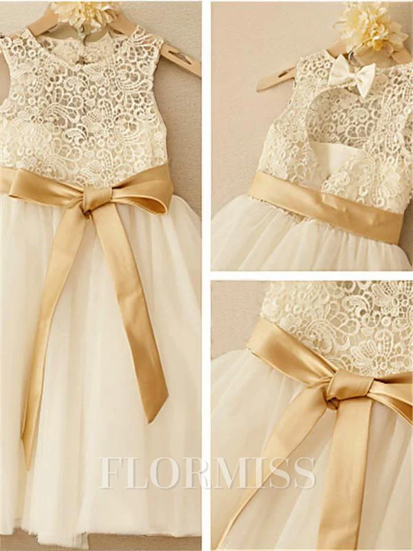 A-Line/Princess Scoop Knee-Length Tulle Flower Girl Dresses With Belt/Sash