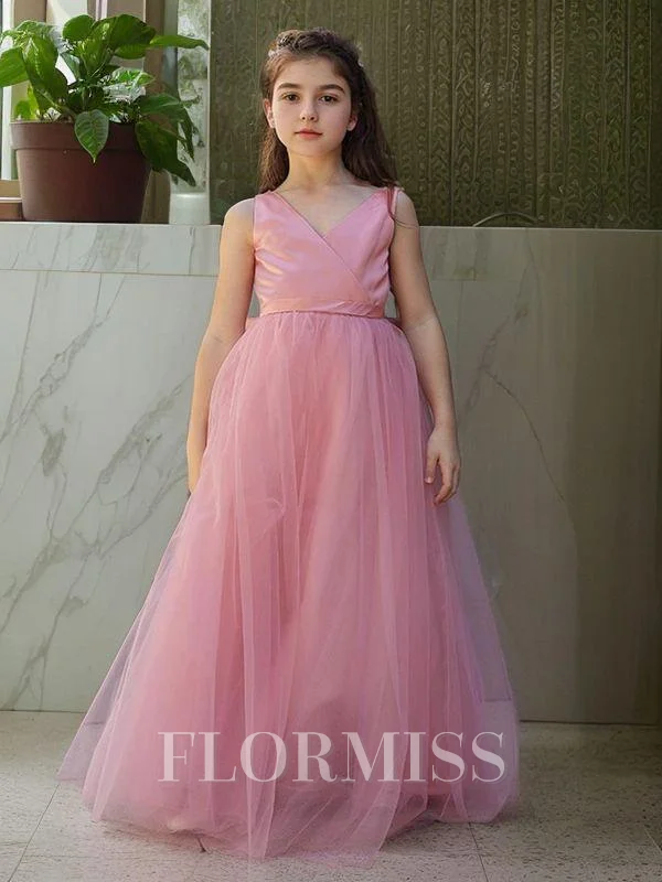 A-Line/Princess V-neck Floor-Length Tulle Flower Girl Dresses With Bow