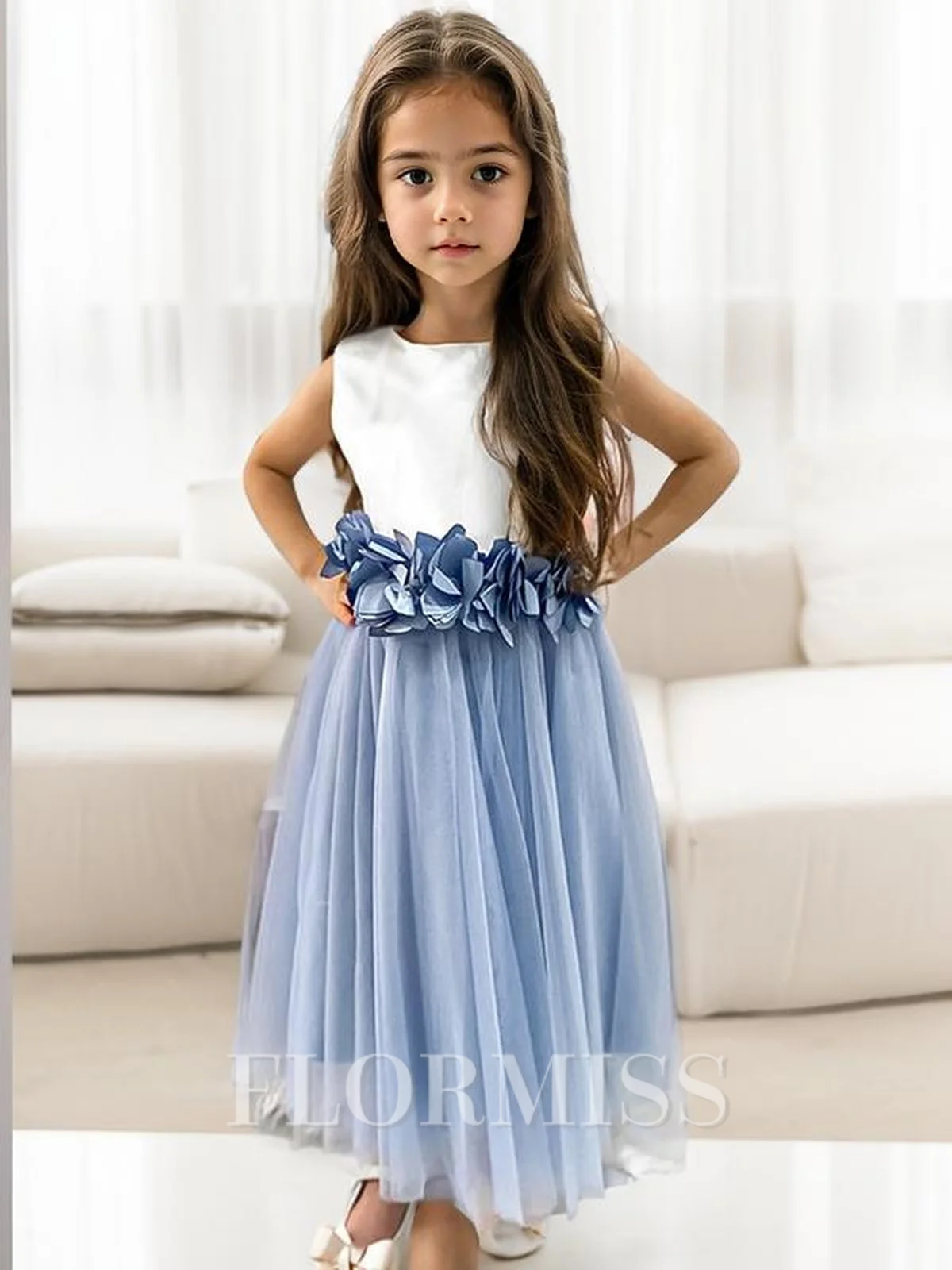 A-Line/Princess Scoop Tea-Length Tulle Flower Girl Dresses With Flower