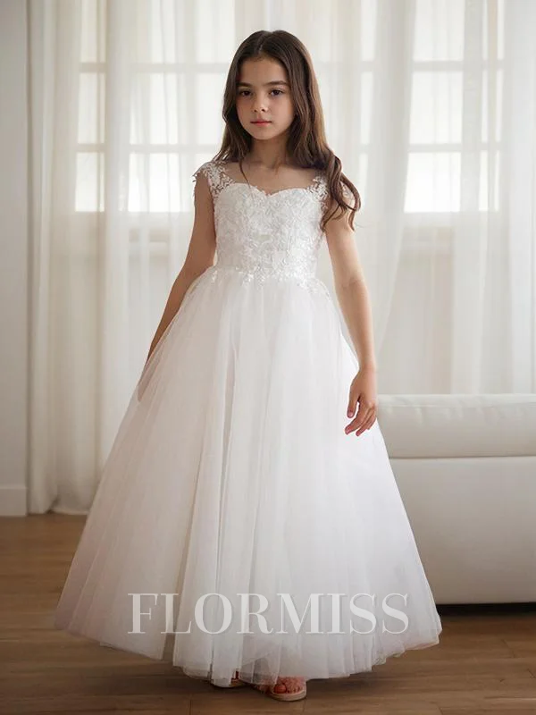 A-Line/Princess Sweetheart Sweep Train Tulle Flower Girl Dresses With Appliques Lace
