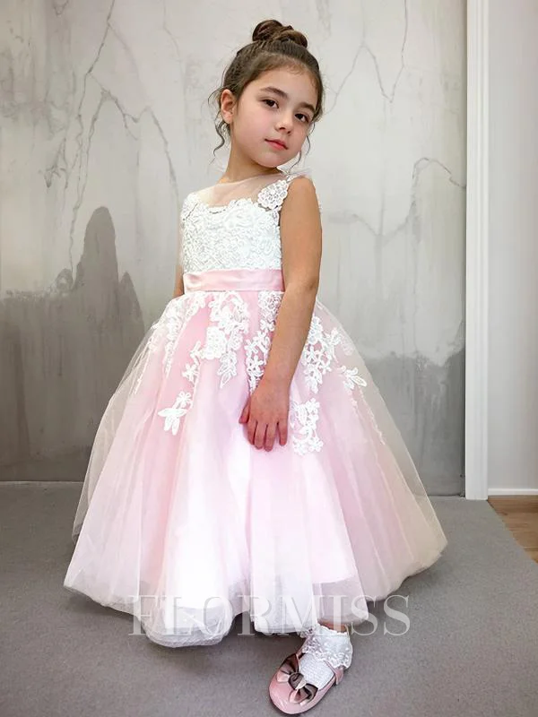 Ball Gown Scoop Ankle-Length Tulle Flower Girl Dresses With Appliques Lace