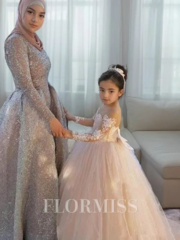 Ball Gown Off-the-Shoulder Sweep Train Tulle Flower Girl Dresses With Appliques Lace