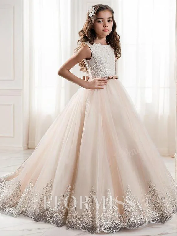 Ball Gown Jewel Sweep Train Tulle Flower Girl Dresses With Belt/Sash