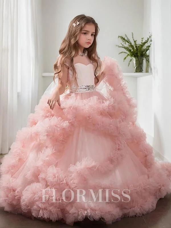 Ball Gown Jewel Floor-Length Tulle Flower Girl Dresses With Rhinestone