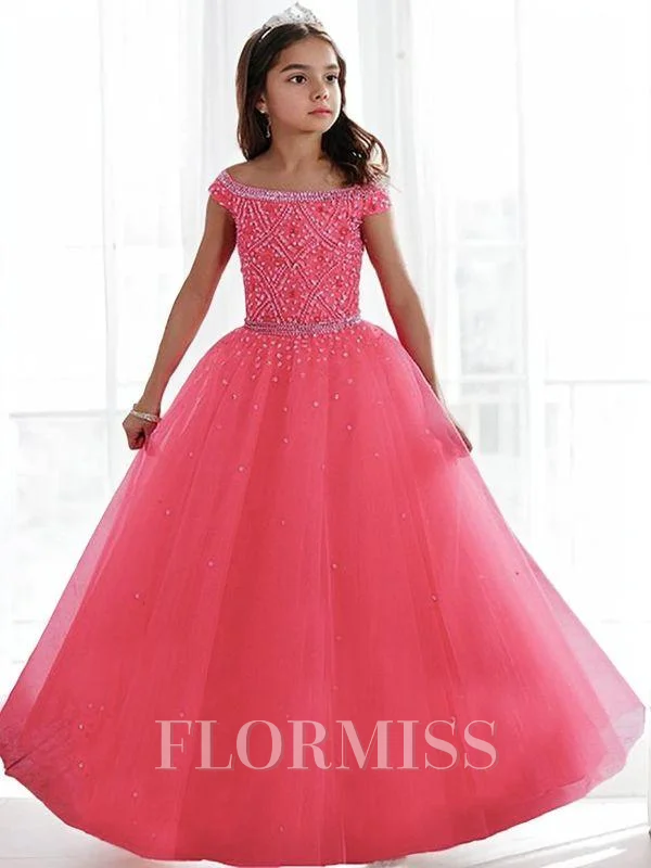 Ball Gown Off-the-Shoulder Floor-Length Tulle Flower Girl Dresses With Beading