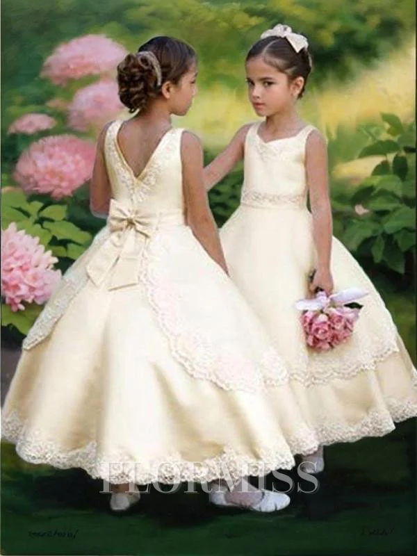 Ball Gown Scoop Ankle-Length Satin Flower Girl Dresses With Bow