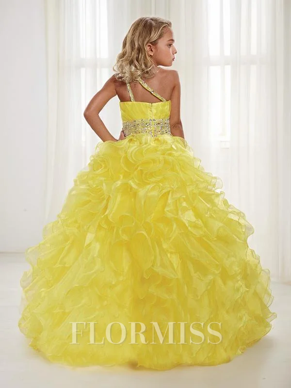 Ball Gown One-Shoulder Floor-Length Organza Flower Girl Dresses With Beading