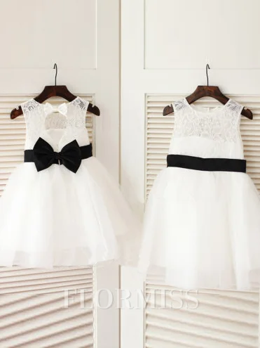 A-Line/Princess Scoop Tea-Length Tulle Flower Girl Dresses With Belt/Sash